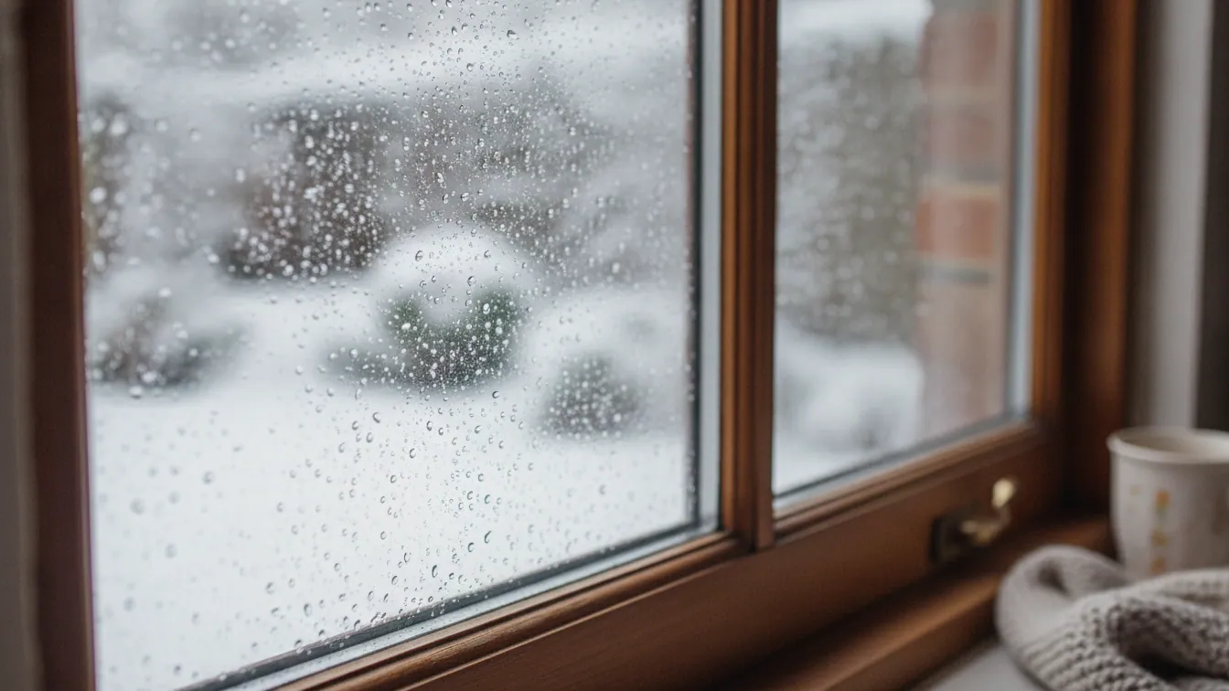 Fenêtre couverte de buée et de gouttes de condensation dans une maison en hiver