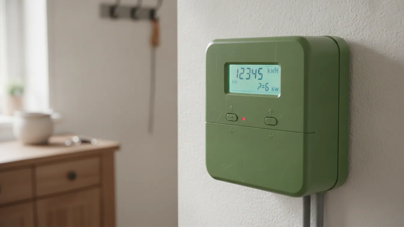 Compteur électrique communicant fixé au mur d'une entrée, avec son écran numérique allumé